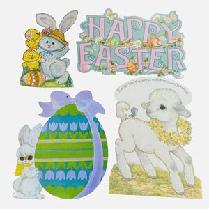 4 Vintage Die Cut Easter Decorations 1979 Hallmark Lamb Bunny Chicks Eggs